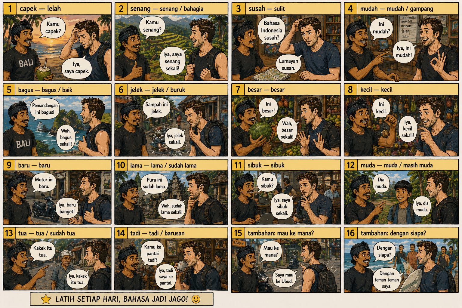 Comic preview about Indonesian adjectives and time words.