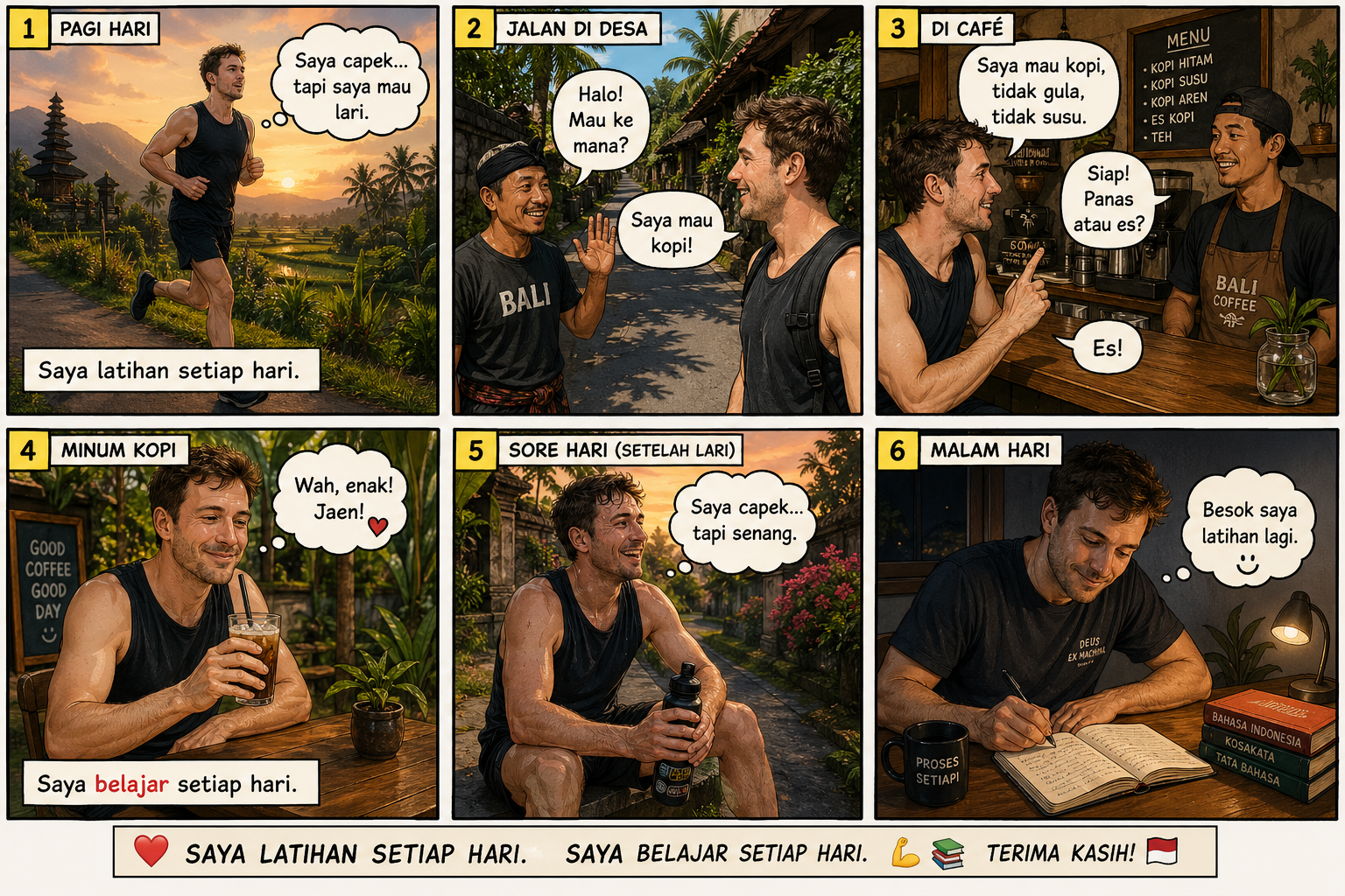 Comic preview about running, coffee, and studying Indonesian.