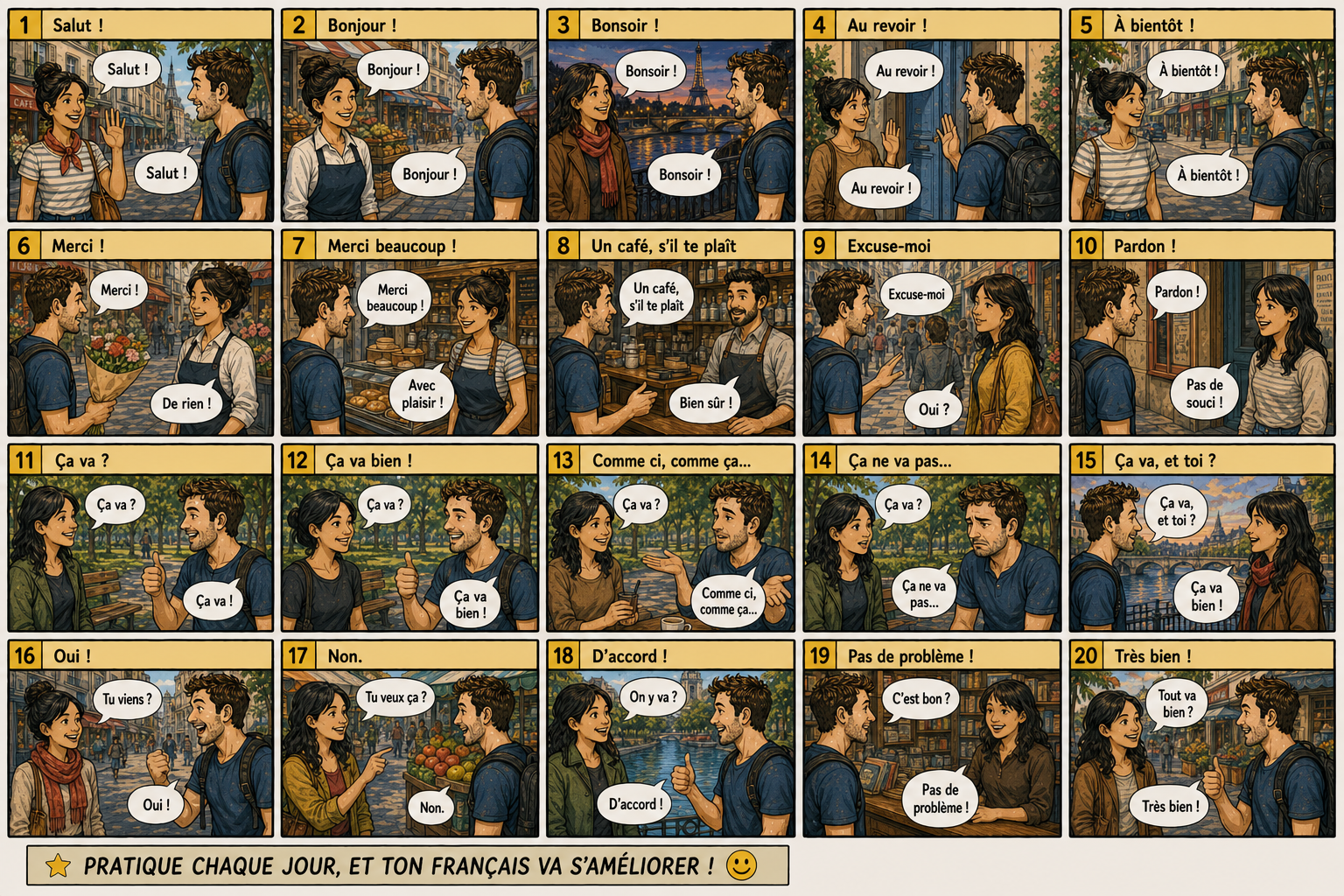 Comic preview about French greetings and simple replies.