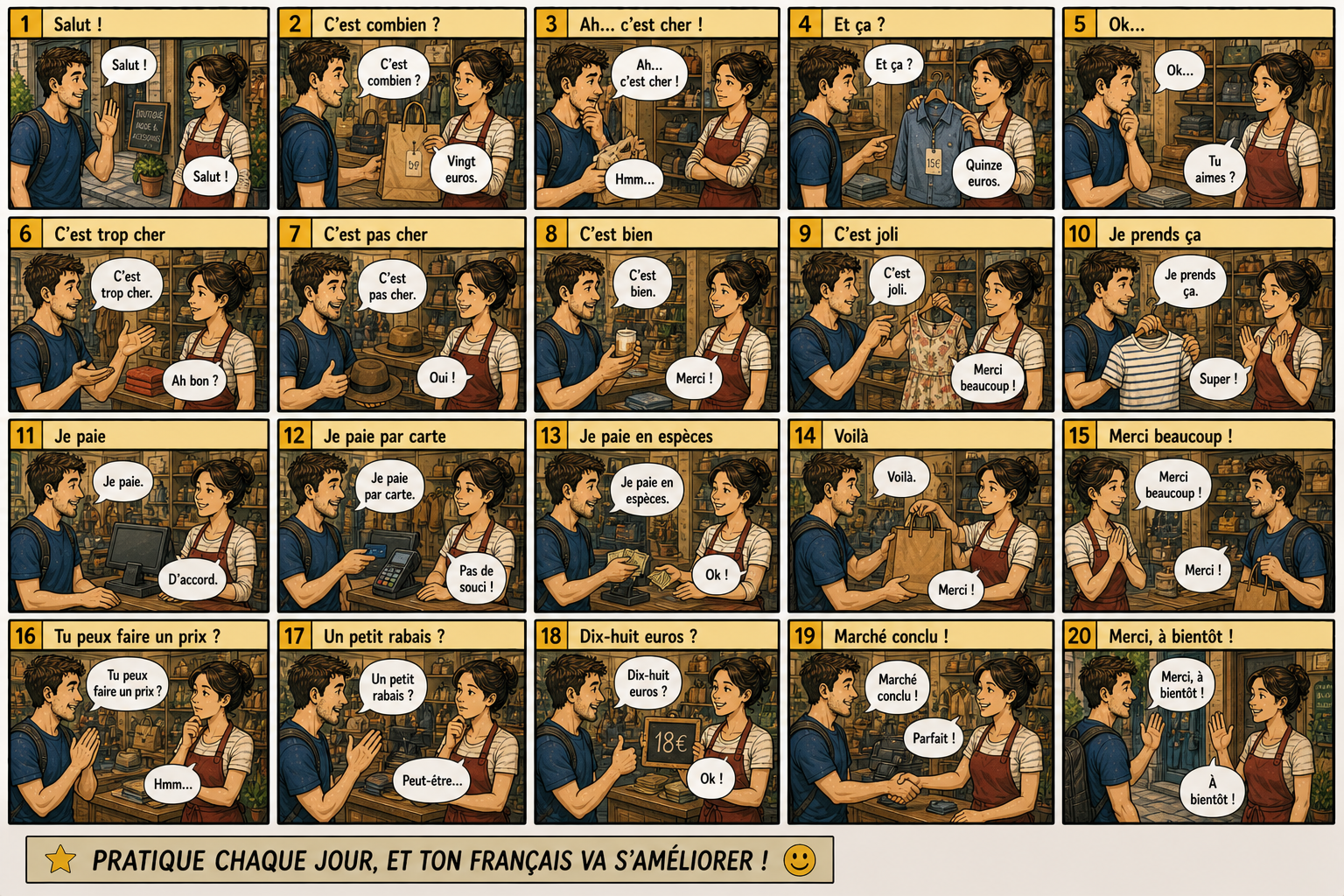 Comic preview about French shopping phrases.