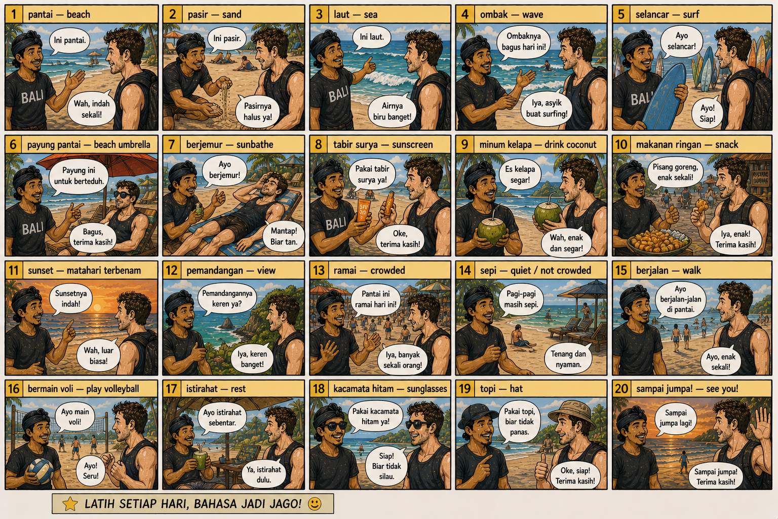 Comic preview about Indonesian beach and surfing phrases.