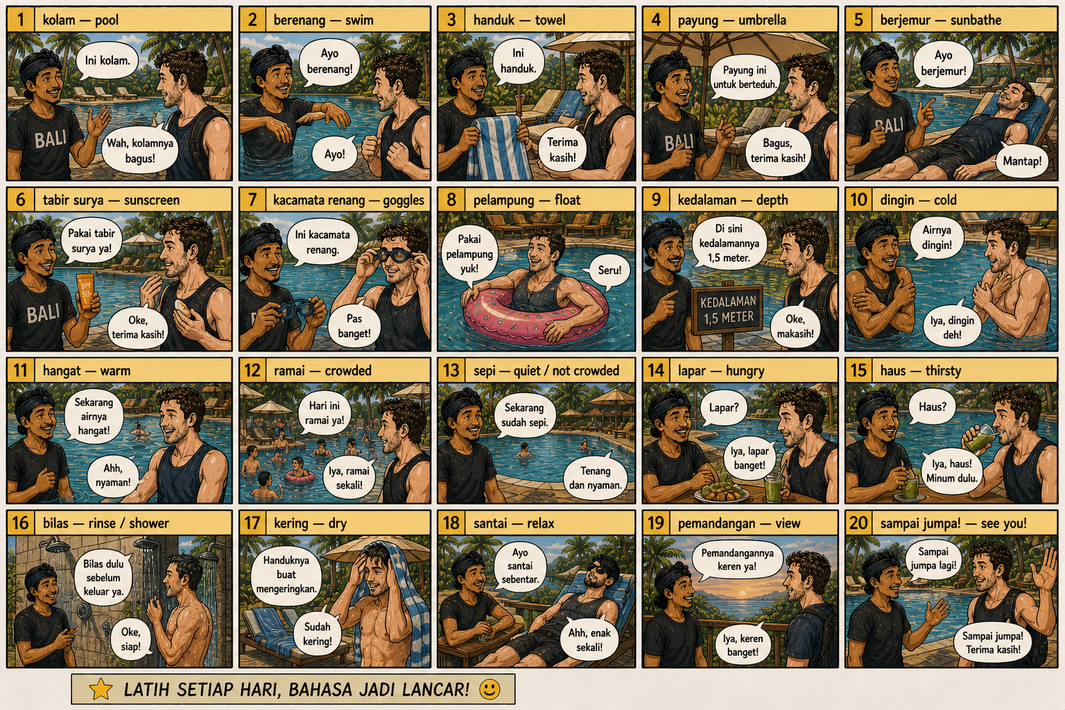 Comic preview about Indonesian pool and relaxing phrases.