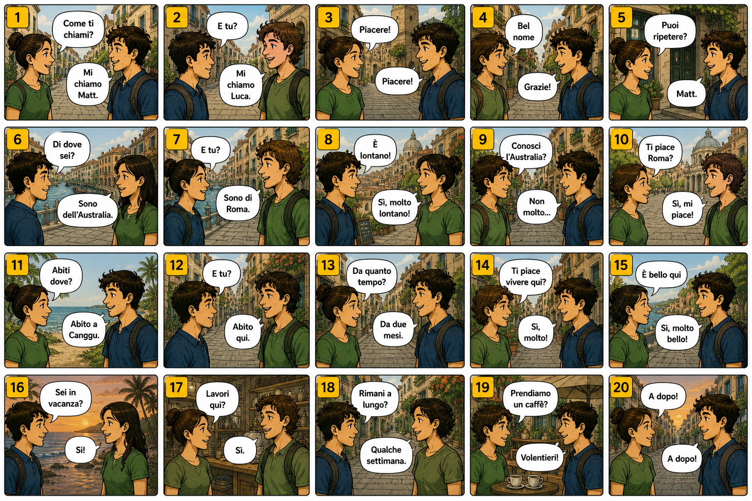 Comic preview about Italian introductions and questions.