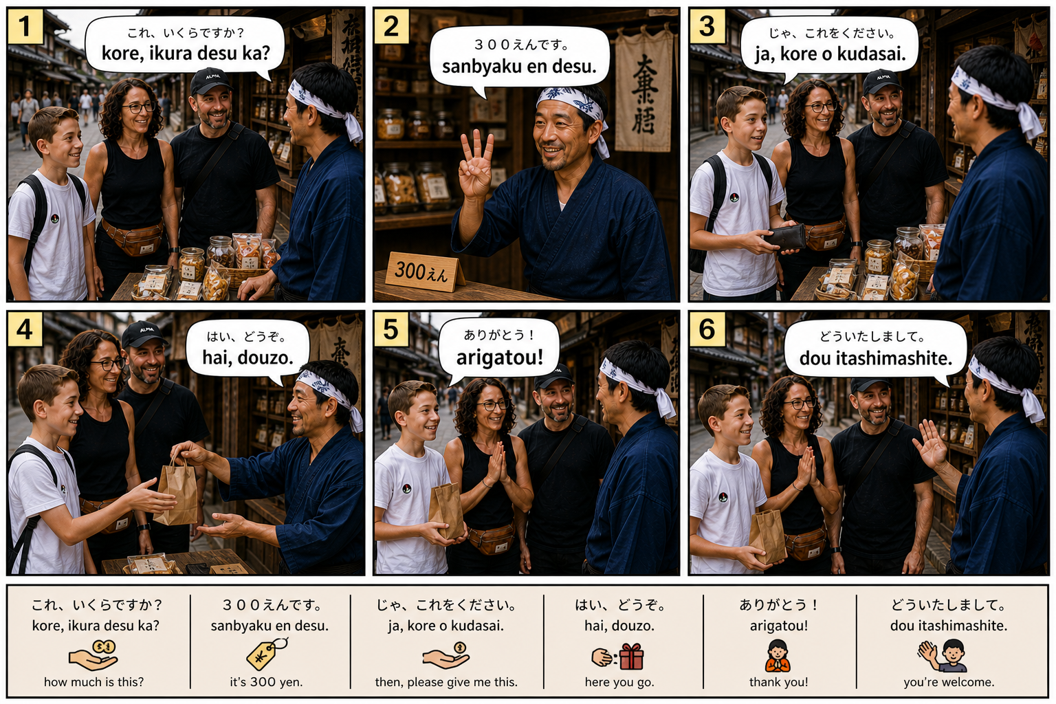 Comic preview about shopping phrases in Japanese.