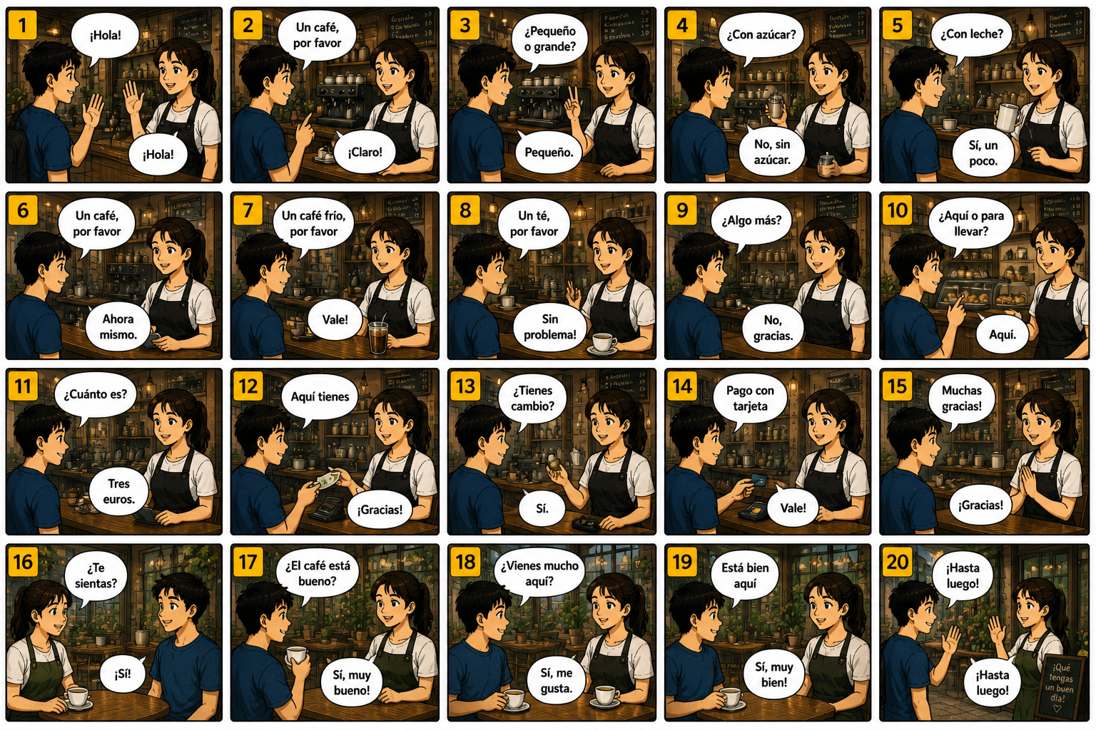 Comic preview about Spanish cafe phrases.
