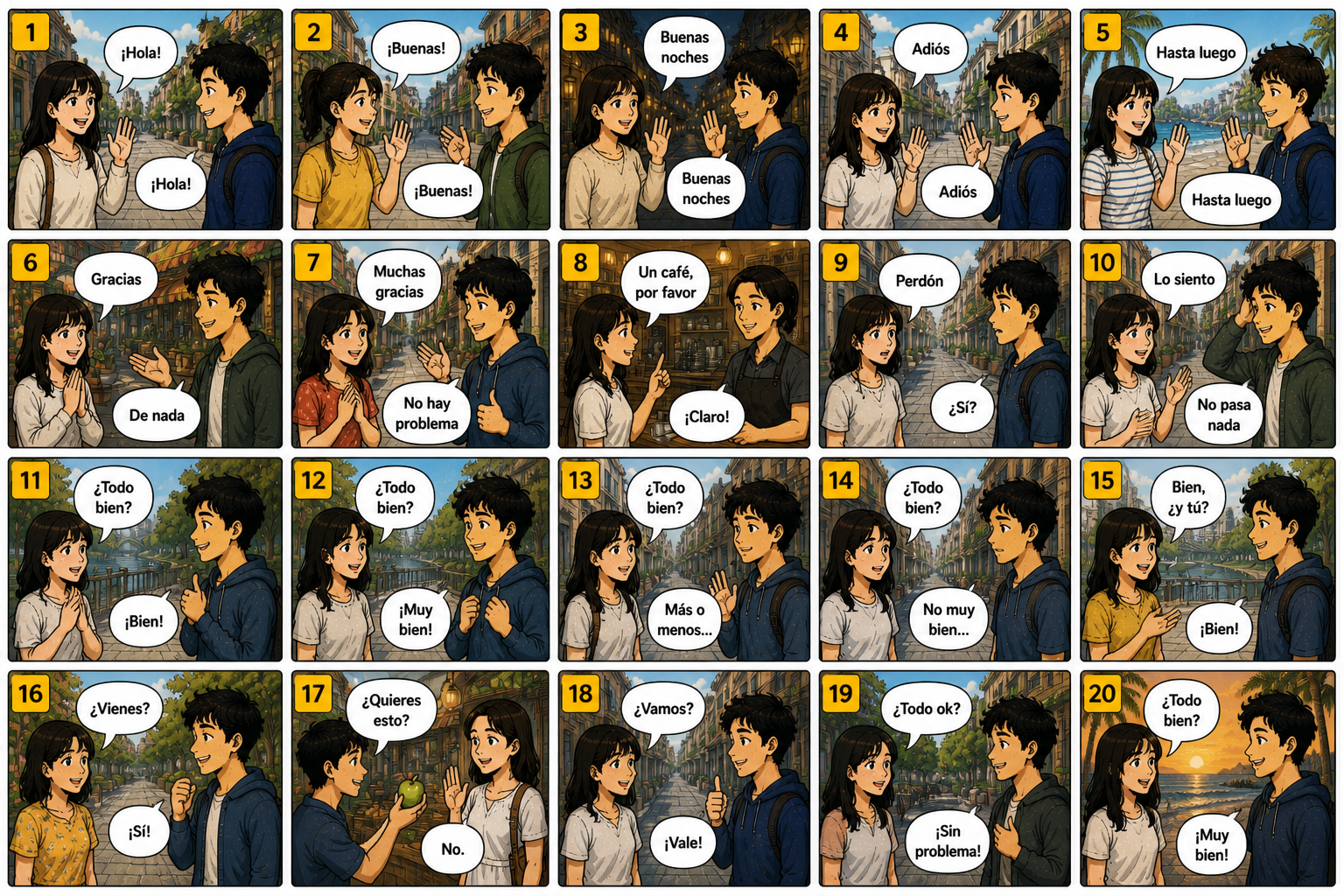 Comic preview about Spanish greetings and replies.